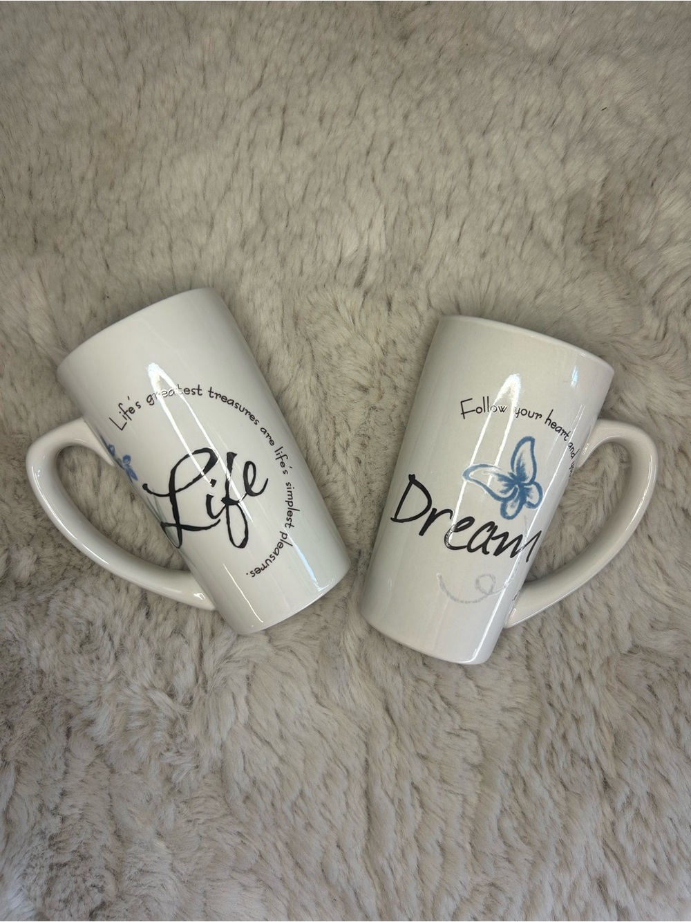 Life & Dream Ceramic Mug Pair in White with Blue Accents